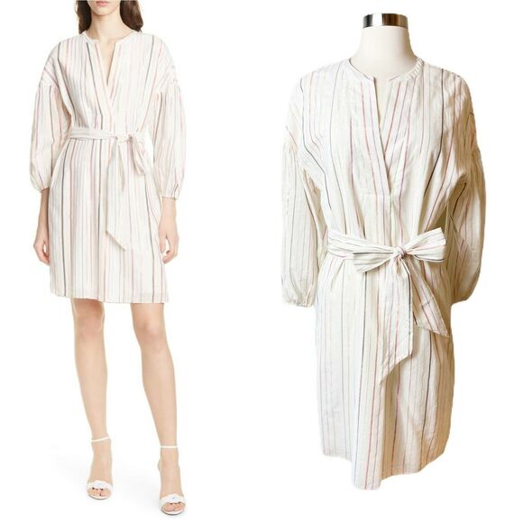 JOIE Shift Shirt Dress Semra Ivory Shimmery Stripes Porcelain Cotton Belted XS - Picture 1 of 12